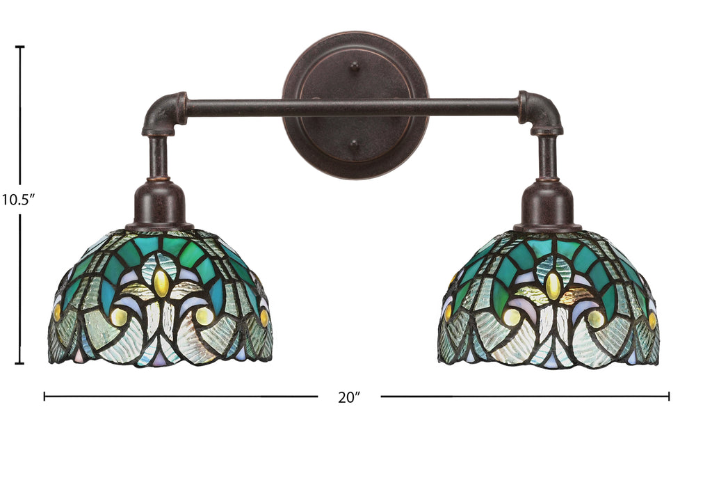 Vintage Two Light Bath Bar in Dark Granite with 7" Turquoise Cypress Art Glass Shade