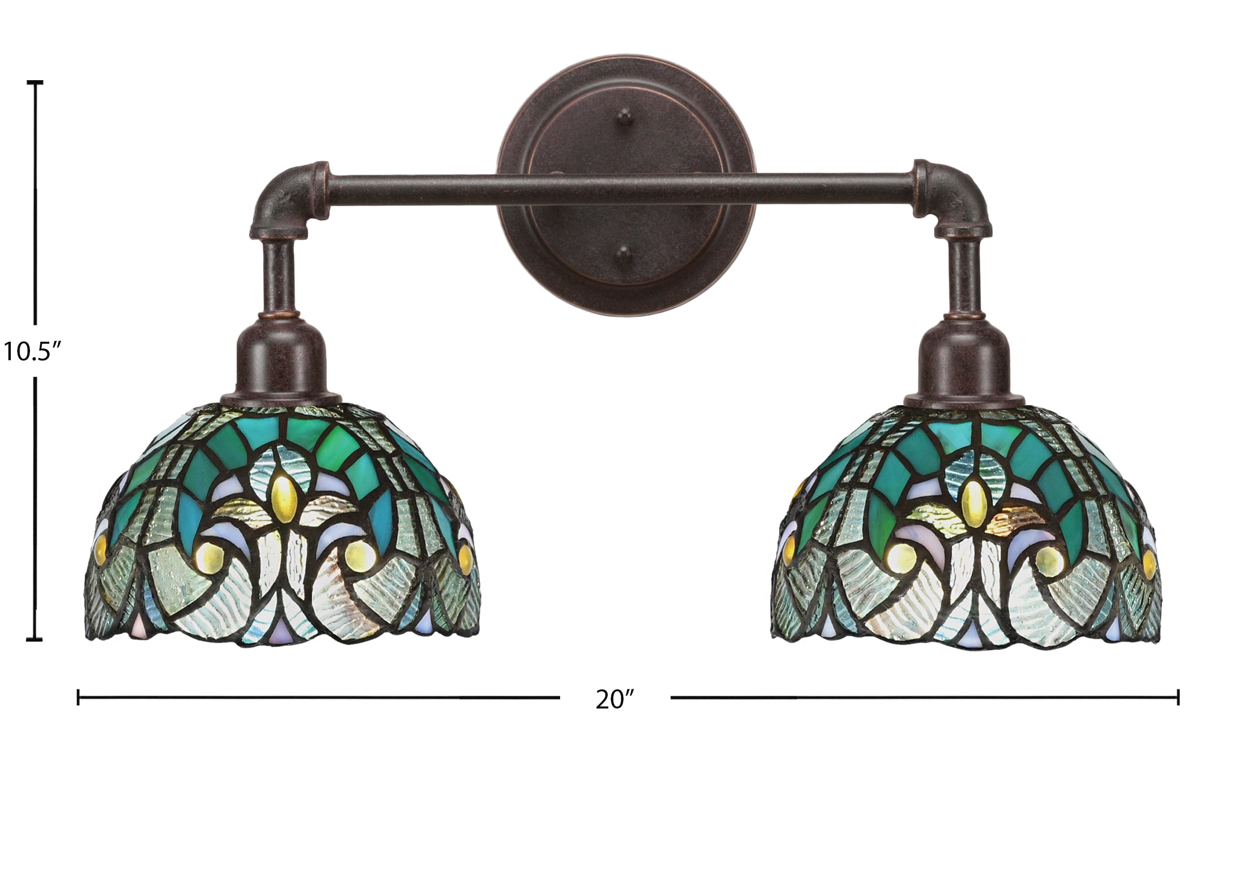 Vintage Two Light Bath Bar in Dark Granite with 7" Turquoise Cypress Art Glass Shade