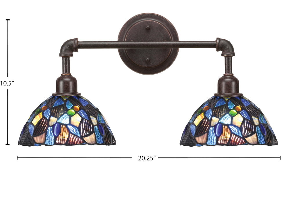 Vintage Two Light Bath Bar in Dark Granite with 7" Blue Mosaic Art Glass Shade