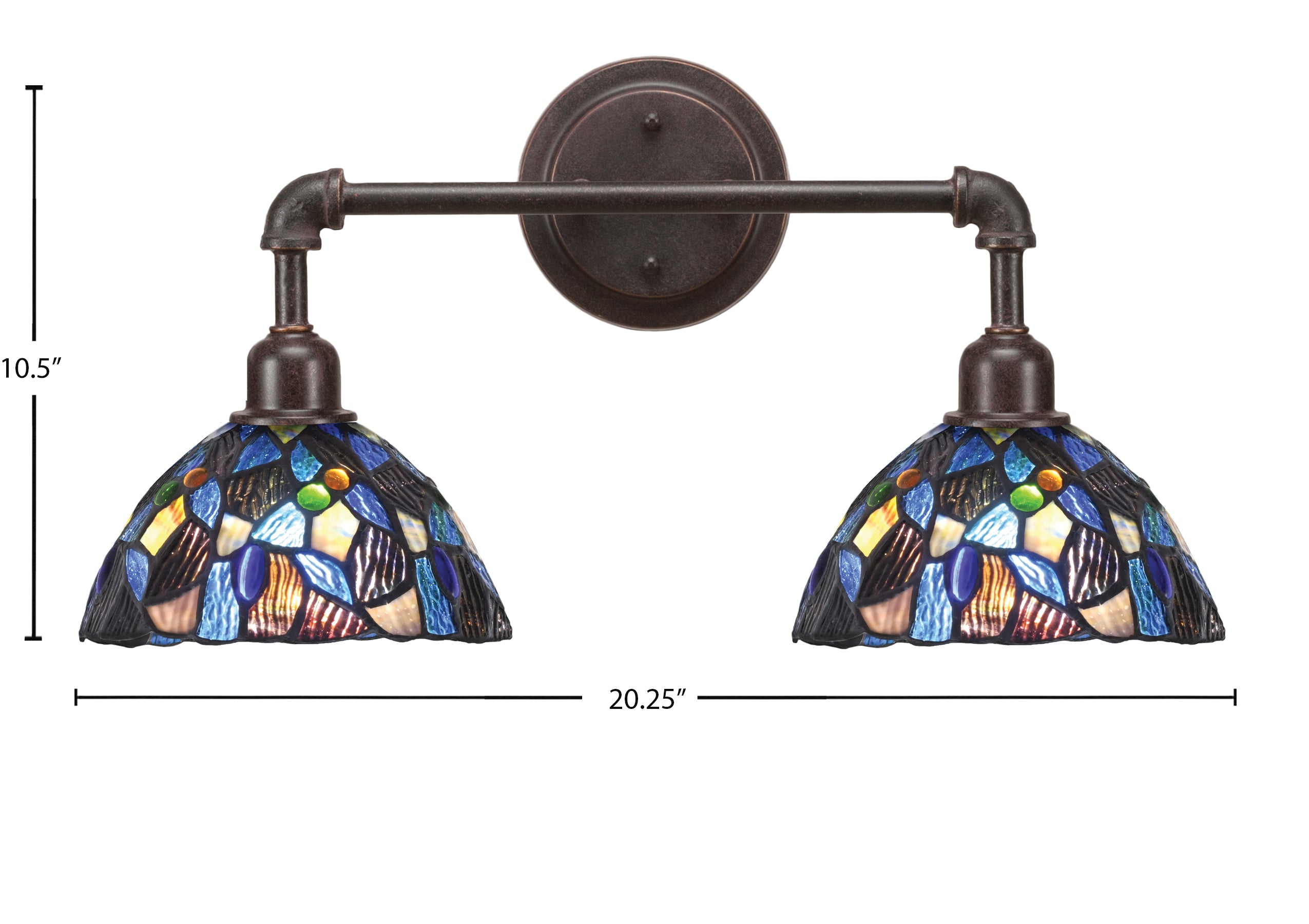 Vintage Two Light Bath Bar in Dark Granite with 7" Blue Mosaic Art Glass Shade