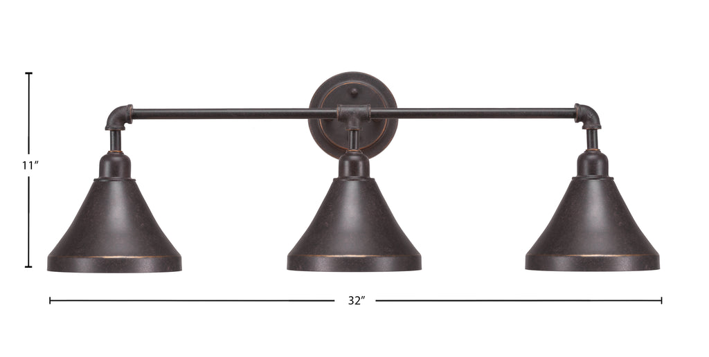 Vintage Three Light Bath Bar in Dark Granite with 7'' Dark Granite Cone Metal Shade Shade