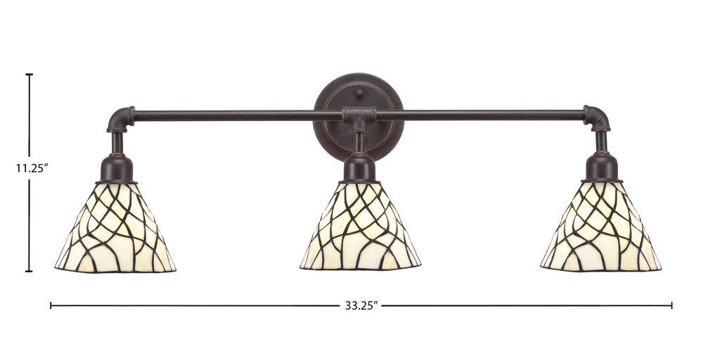 Vintage Three Light Bath Bar in Dark Granite with 7" Sandhill Art Glass Shade
