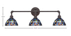 Vintage Three Light Bath Bar in Dark Granite with 7" Blue Mosaic Art Glass Shade