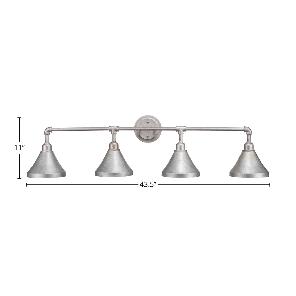 Vintage Four Light Bath Bar in Aged Silver with 7" Aged Silver Cone Metal Shade Shade