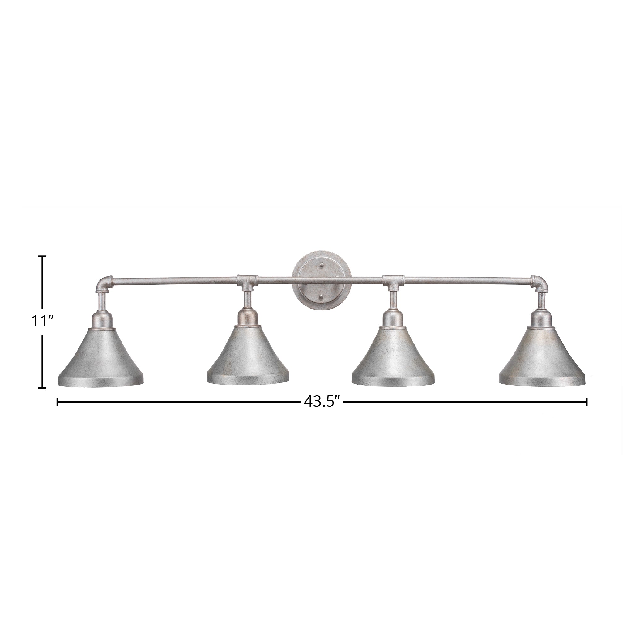 Vintage Four Light Bath Bar in Aged Silver with 7" Aged Silver Cone Metal Shade Shade