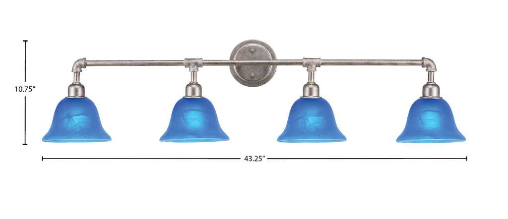 Vintage Four Light Bath Bar in Aged Silver with 7" Blue Italian Shade