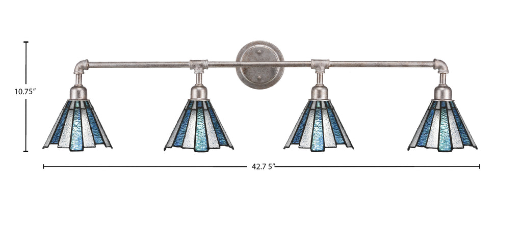 Vintage Four Light Bath Bar in Aged Silver with 7" Sea Ice Art Glass Shade