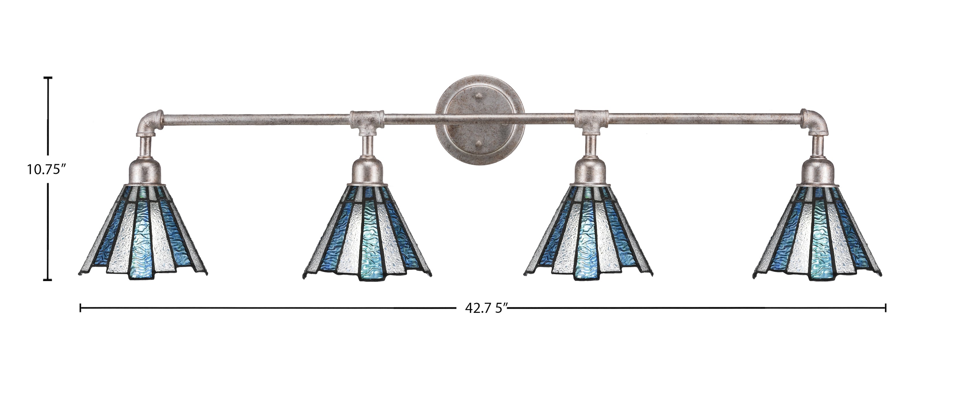 Vintage Four Light Bath Bar in Aged Silver with 7" Sea Ice Art Glass Shade