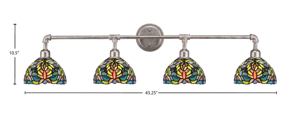 Vintage Four Light Bath Bar in Aged Silver with 7'' Kaleidoscope Art Glass Shade