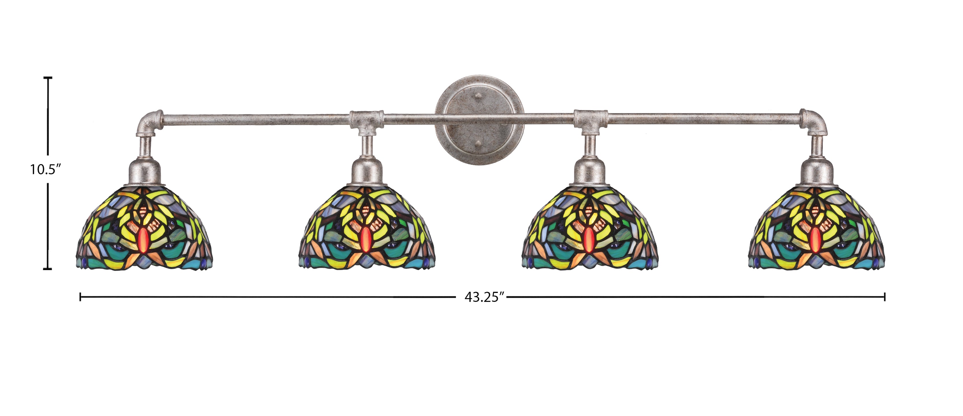 Vintage Four Light Bath Bar in Aged Silver with 7'' Kaleidoscope Art Glass Shade