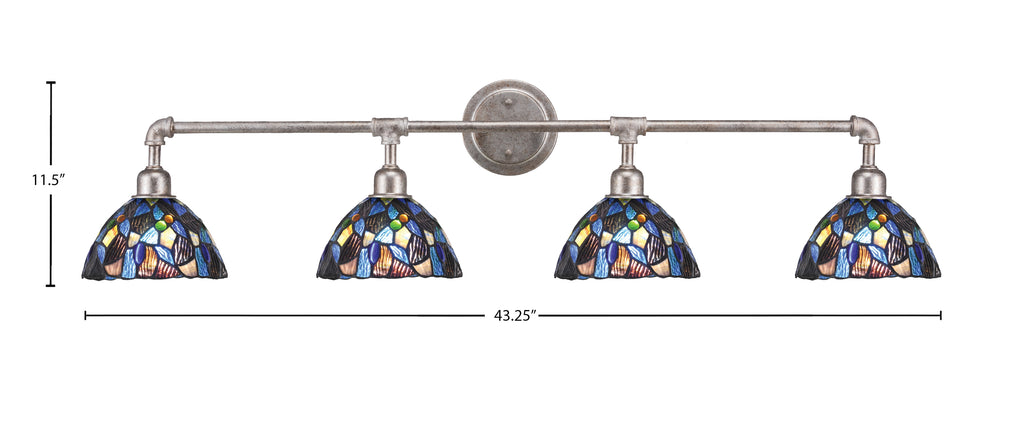 Vintage Four Light Bath Bar in Aged Silver with 7" Blue Mosaic Art Glass Shade