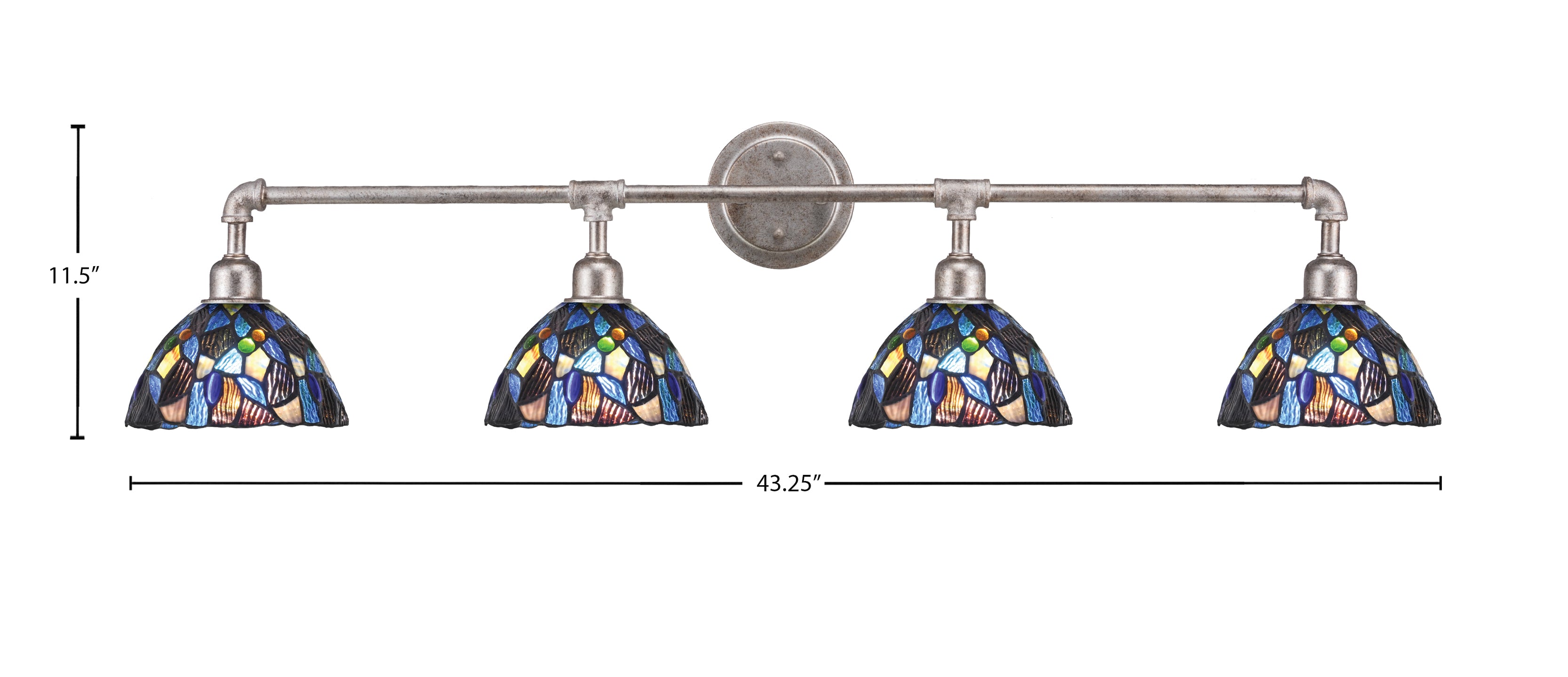 Vintage Four Light Bath Bar in Aged Silver with 7" Blue Mosaic Art Glass Shade