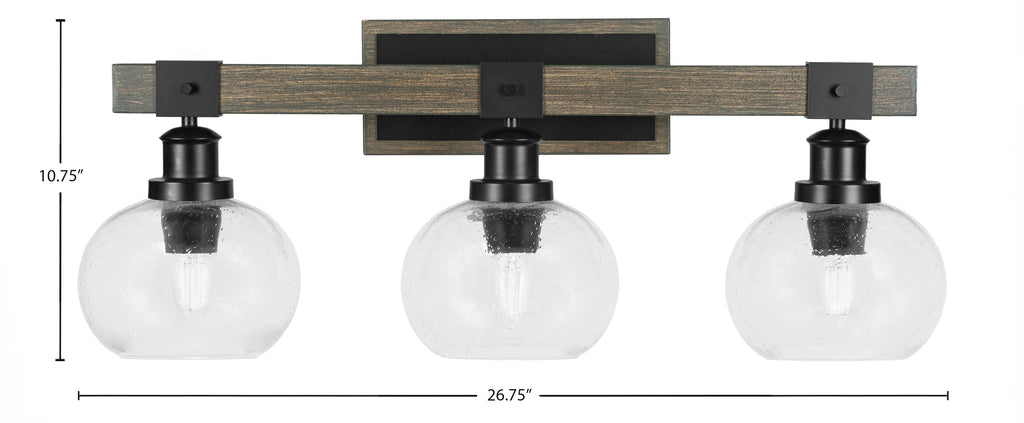 Tacoma Three Light Bath Bar in Matte Black & Painted Distressed Wood-look Metal with 7" Clear Bubble Shade