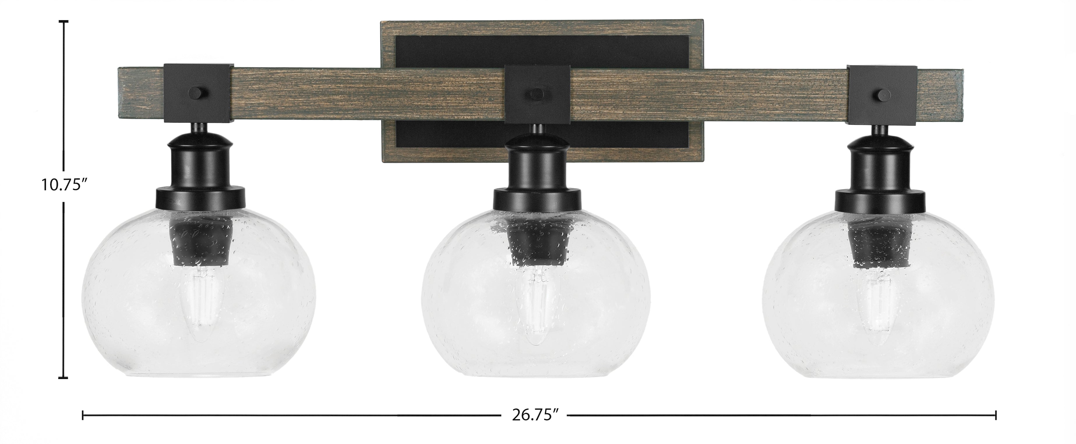 Tacoma Three Light Bath Bar in Matte Black & Painted Distressed Wood-look Metal with 7" Clear Bubble Shade