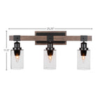 Tacoma Three Light Bath Bar in Matte Black & Painted Distressed Wood-look Metal with 4" Clear Bubble Shade