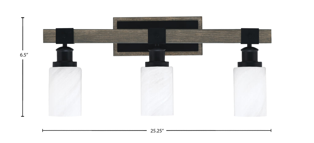 Tacoma Three Light Bath Bar in Matte Black & Painted Distressed Wood-look Metal with 4" White Marble Shade