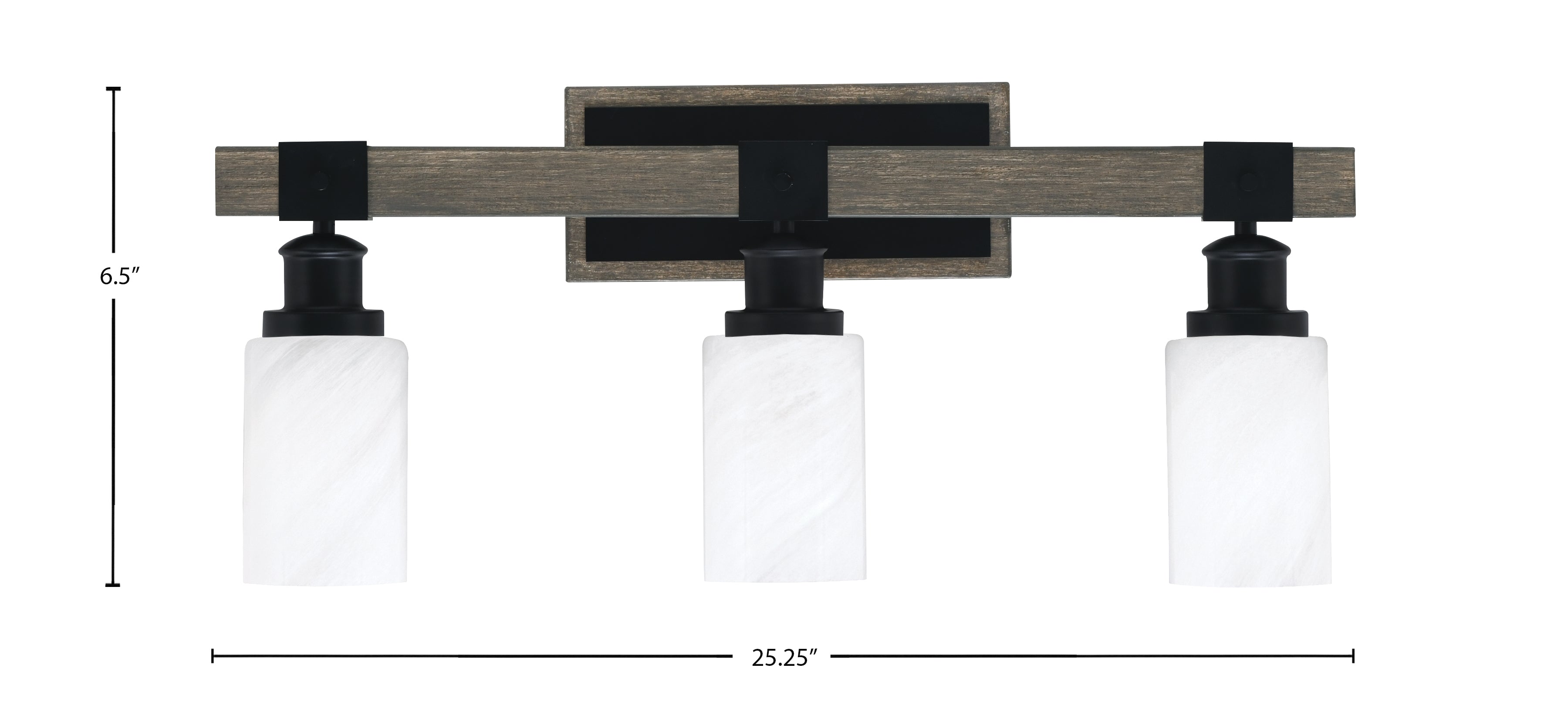 Tacoma Three Light Bath Bar in Matte Black & Painted Distressed Wood-look Metal with 4" White Marble Shade