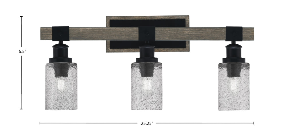 Tacoma Three Light Bath Bar in Matte Black & Painted Distressed Wood-look Metal with 4" Smoke Bubble Shade