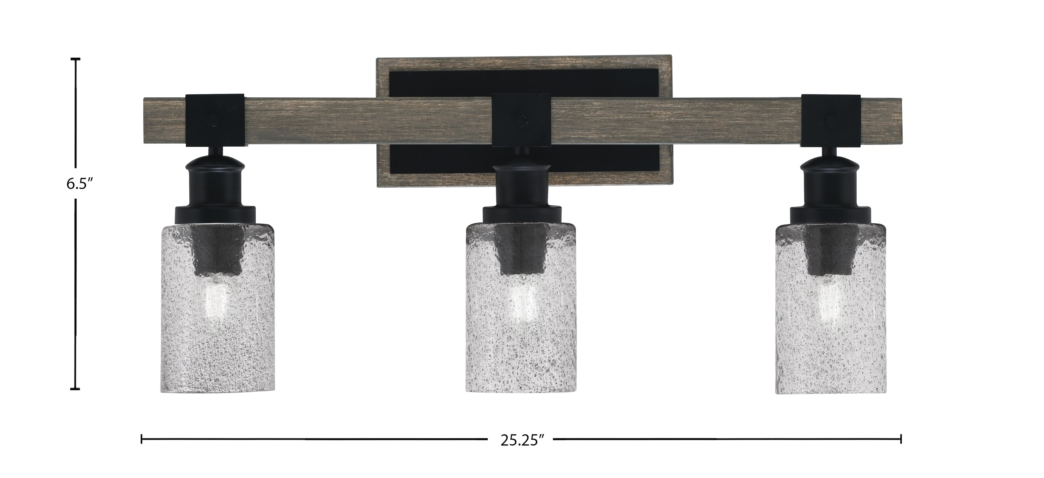 Tacoma Three Light Bath Bar in Matte Black & Painted Distressed Wood-look Metal with 4" Smoke Bubble Shade