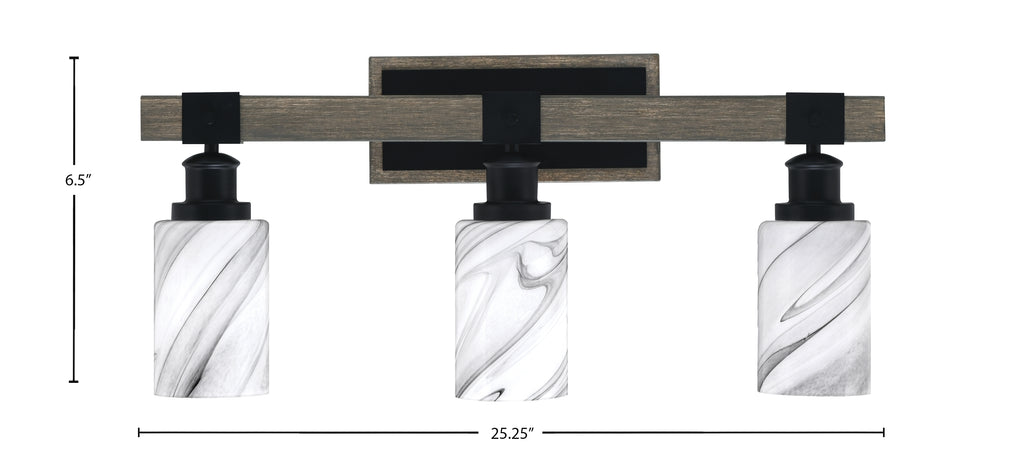 Tacoma Three Light Bath Bar in Matte Black & Painted Distressed Wood-look Metal with 4" Onyx Swirl Shade