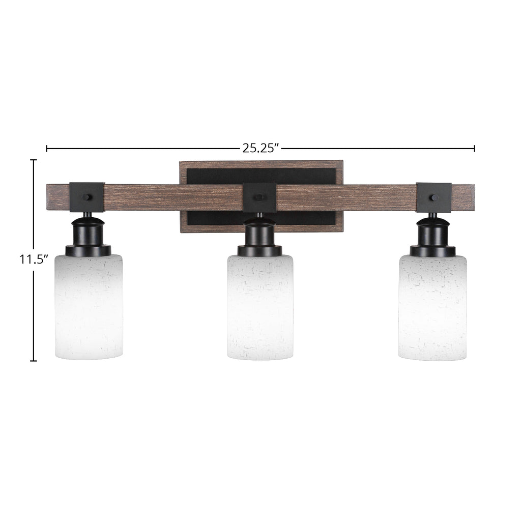 Tacoma Three Light Bath Bar in Matte Black & Painted Distressed Wood-look Metal with 4" White Muslin Shade