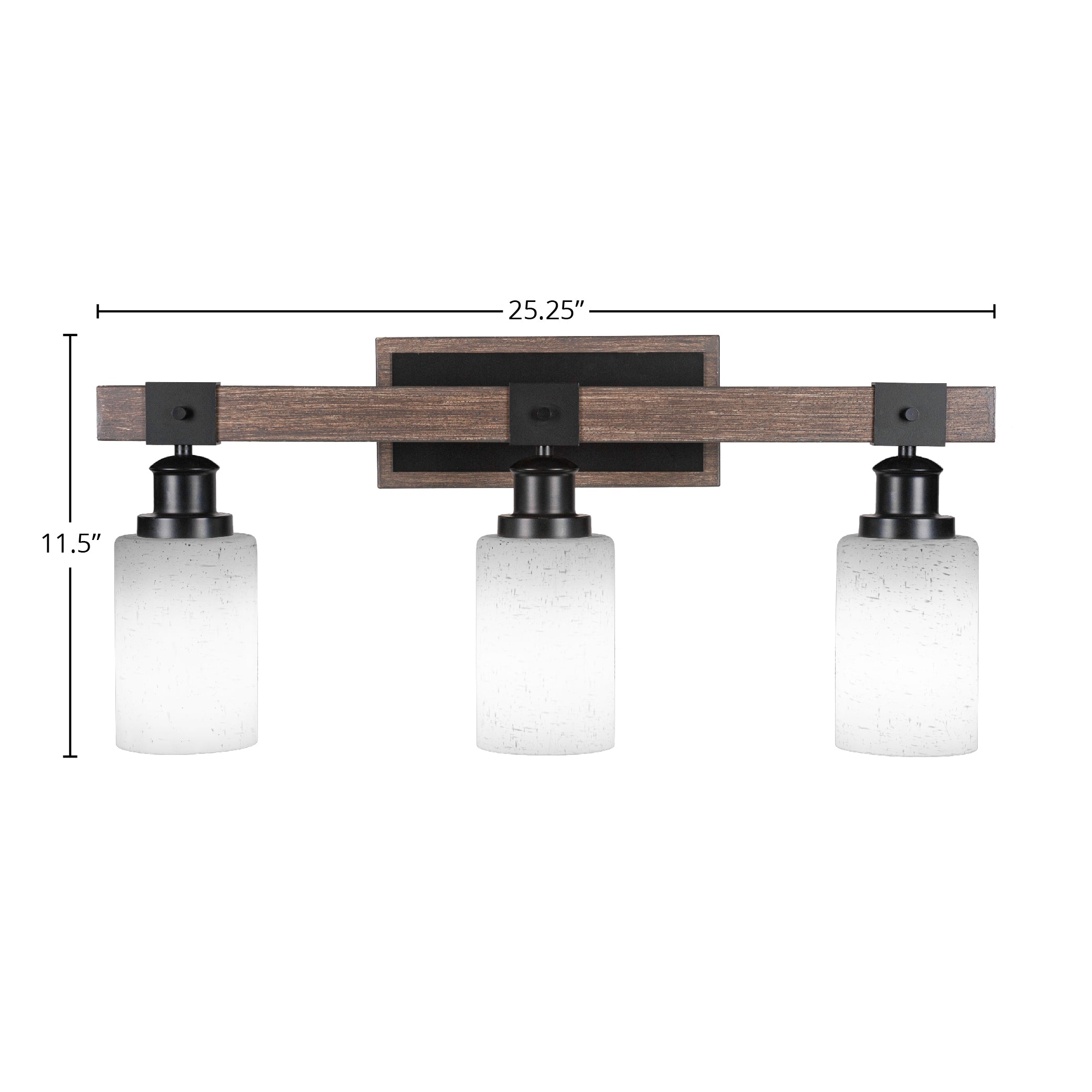 Tacoma Three Light Bath Bar in Matte Black & Painted Distressed Wood-look Metal with 4" White Muslin Shade