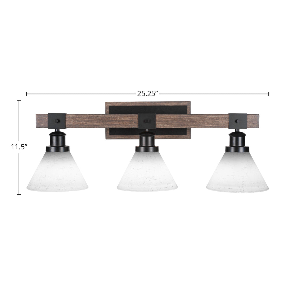 Tacoma Three Light Bath Bar in Matte Black & Painted Distressed Wood-look Metal with 7" White Muslin Shade