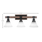 Tacoma Three Light Bath Bar in Matte Black & Painted Distressed Wood-look Metal with 7" White Muslin Shade