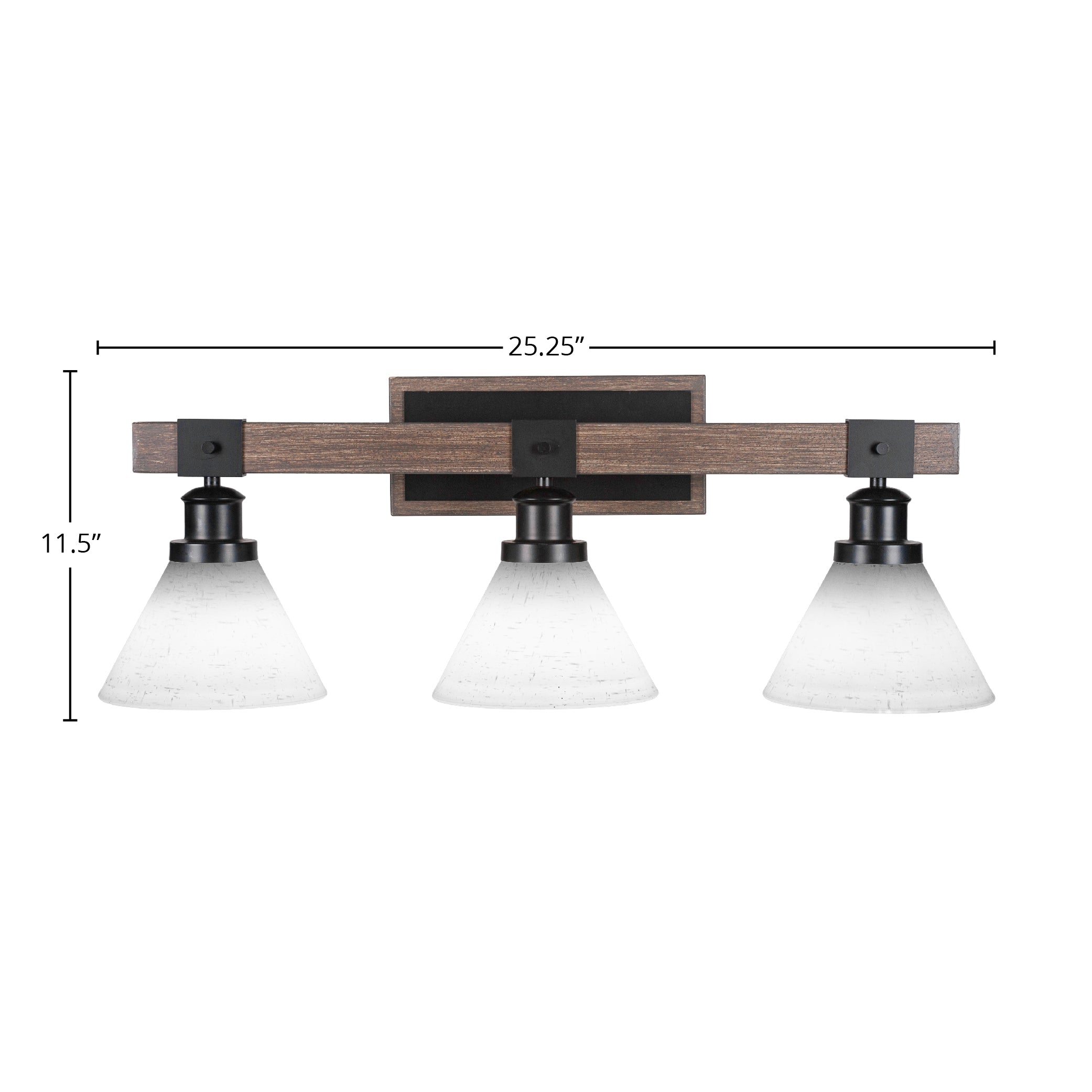 Tacoma Three Light Bath Bar in Matte Black & Painted Distressed Wood-look Metal with 7" White Muslin Shade