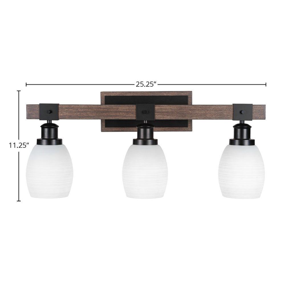 Tacoma Three Light Bath Bar in Matte Black & Painted Distressed Wood-look Metal with 5" White Matrix Shade