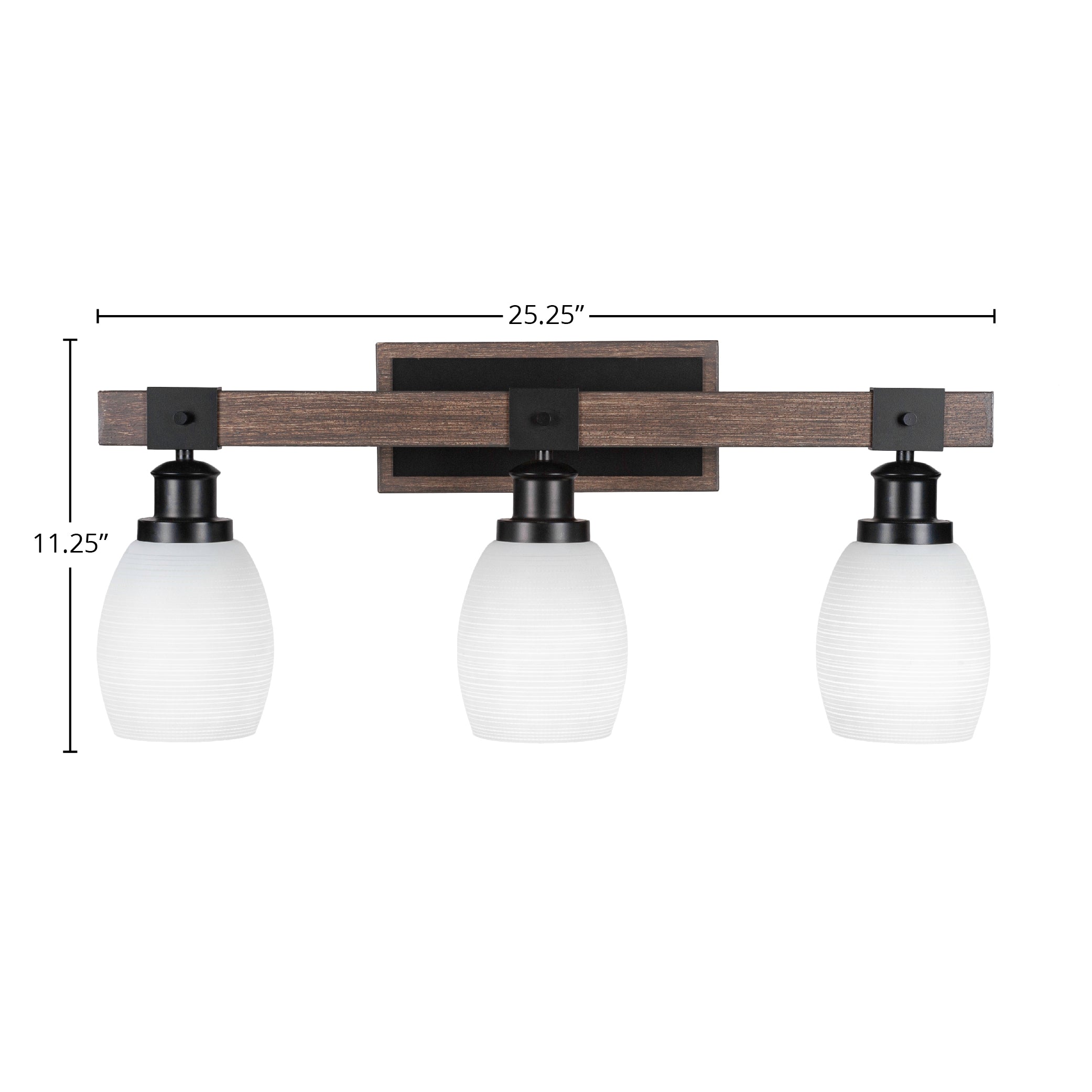 Tacoma Three Light Bath Bar in Matte Black & Painted Distressed Wood-look Metal with 5" White Matrix Shade