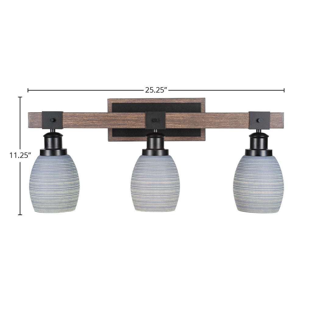 Tacoma Three Light Bath Bar in Matte Black & Painted Distressed Wood-look Metal with 5" Gray Matrix Shade
