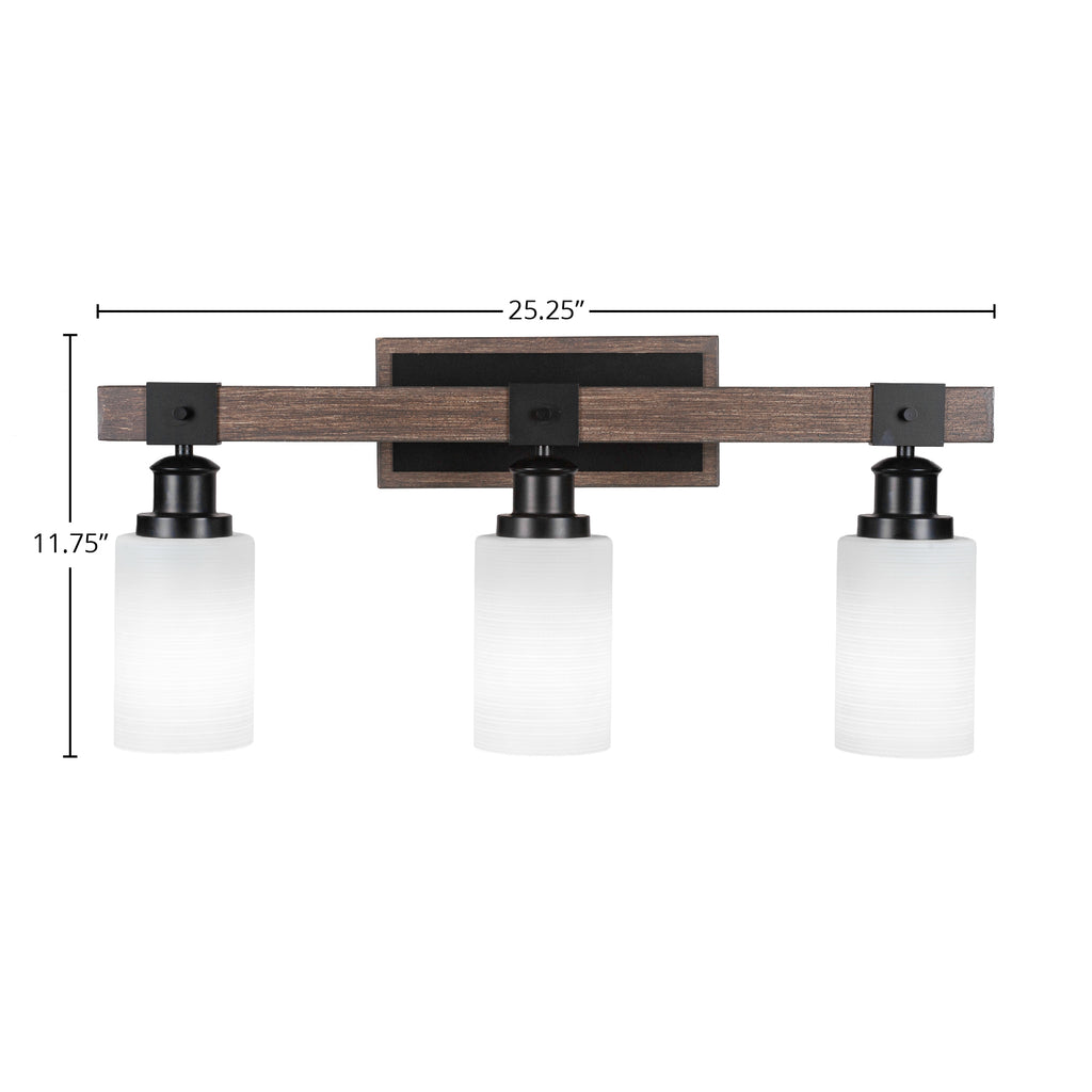 Tacoma Three Light Bath Bar in Matte Black & Painted Distressed Wood-look Metal with 4" White Matrix Shade