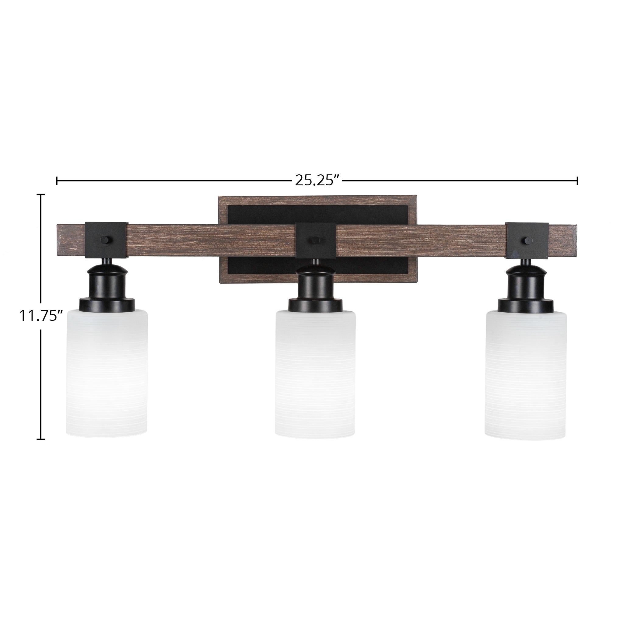 Tacoma Three Light Bath Bar in Matte Black & Painted Distressed Wood-look Metal with 4" White Matrix Shade