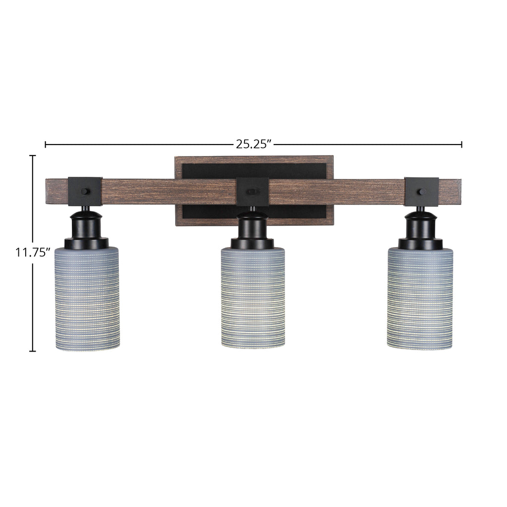 Tacoma Three Light Bath Bar in Matte Black & Painted Distressed Wood-look Metal with 4" Gray Matrix Shade