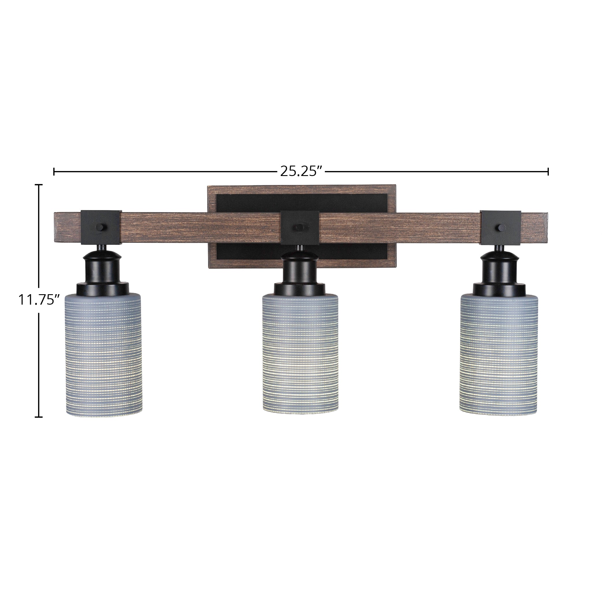 Tacoma Three Light Bath Bar in Matte Black & Painted Distressed Wood-look Metal with 4" Gray Matrix Shade