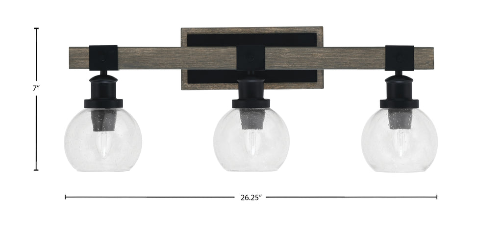 Tacoma Three Light Bath Bar in Matte Black & Painted Distressed Wood-look Metal with 5.75" Clear Bubble Shade