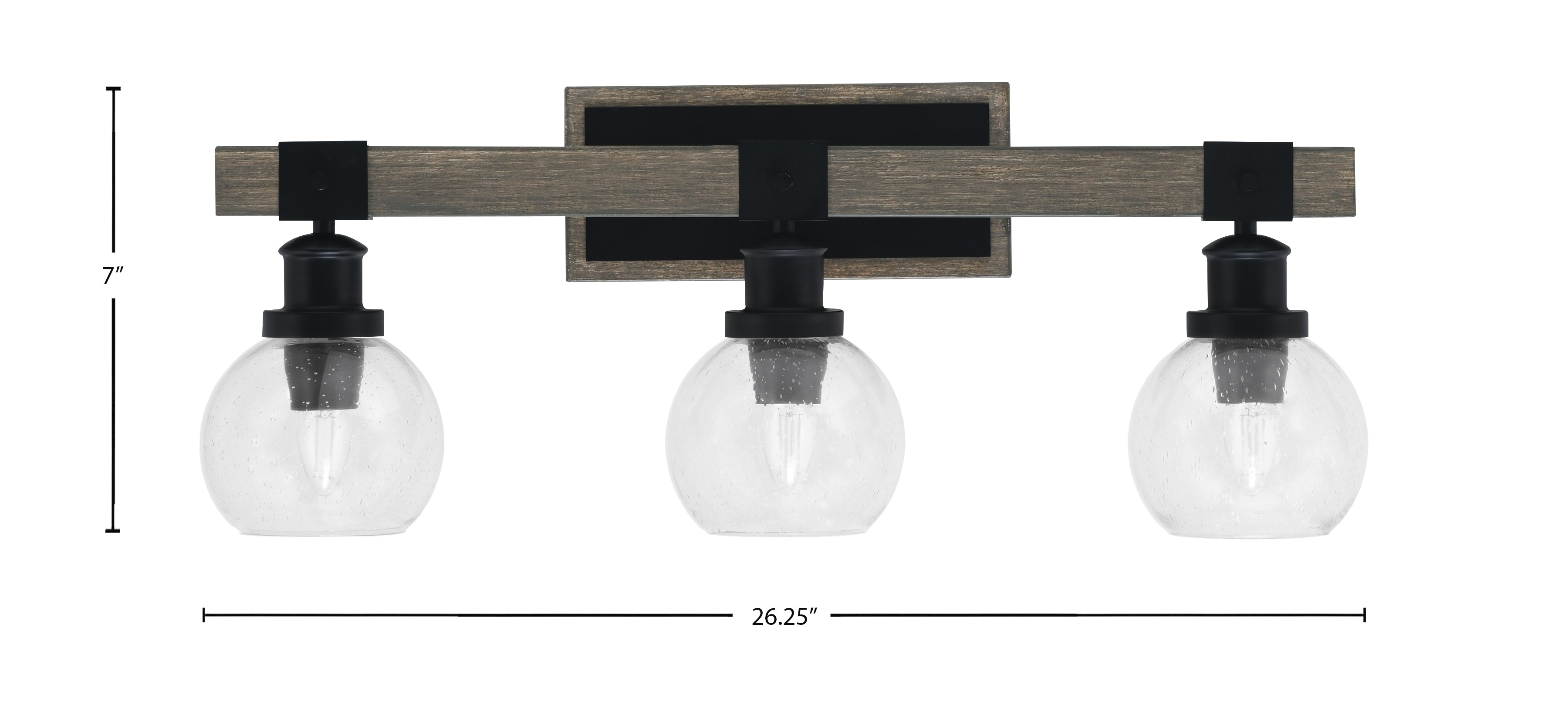 Tacoma Three Light Bath Bar in Matte Black & Painted Distressed Wood-look Metal with 5.75" Clear Bubble Shade