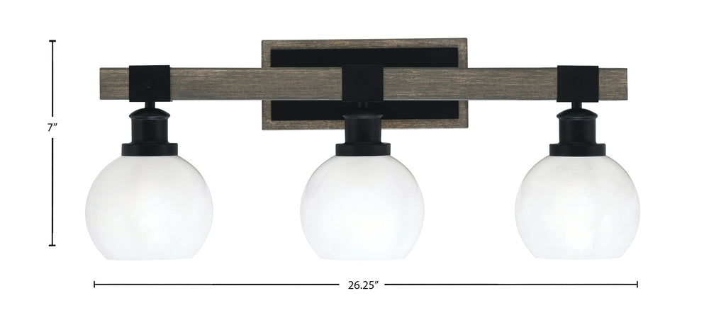 Tacoma Three Light Bath Bar in Matte Black & Painted Distressed Wood-look Metal with 5.75" White Marble Shade