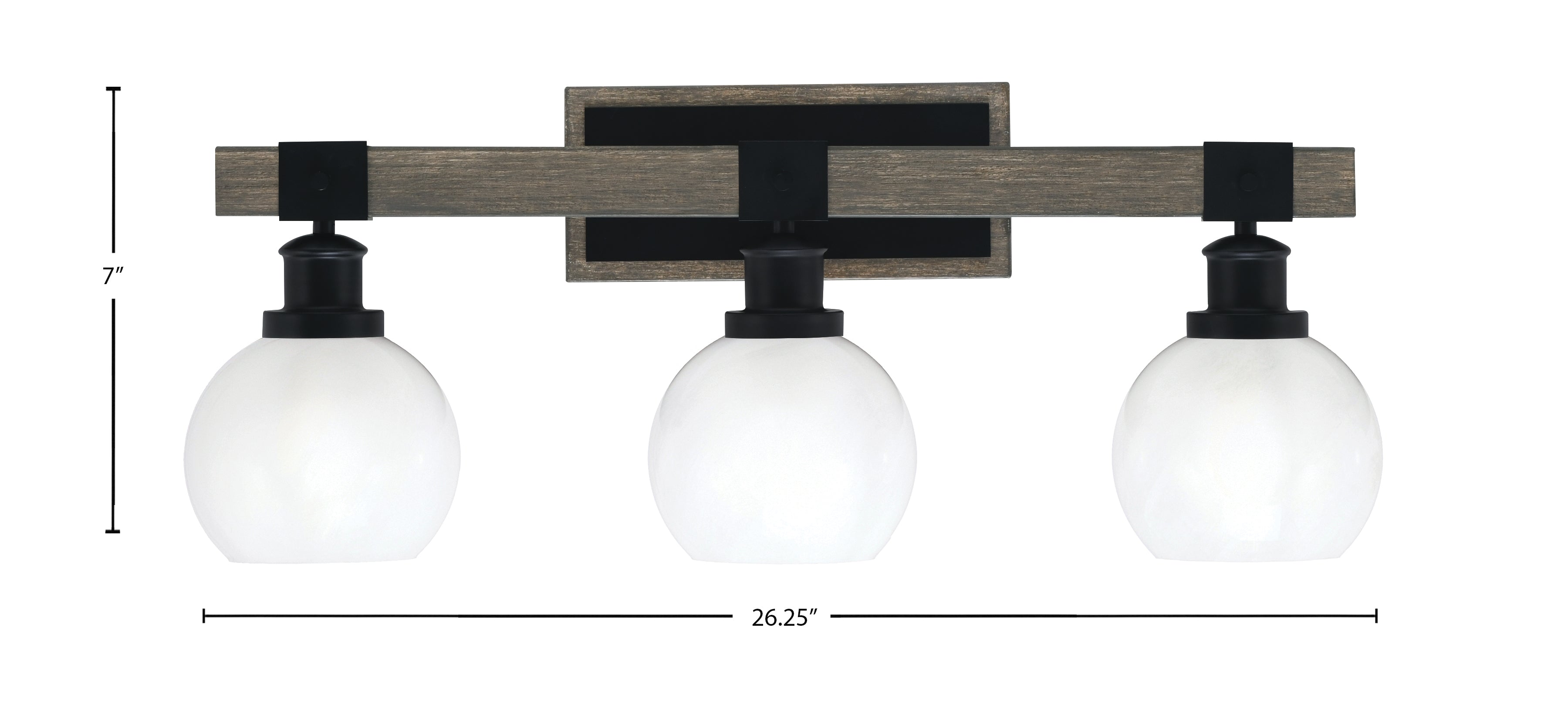 Tacoma Three Light Bath Bar in Matte Black & Painted Distressed Wood-look Metal with 5.75" White Marble Shade