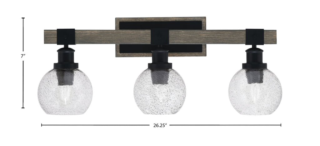 Tacoma Three Light Bath Bar in Matte Black & Painted Distressed Wood-look Metal with 5.75" Smoke Bubble Shade