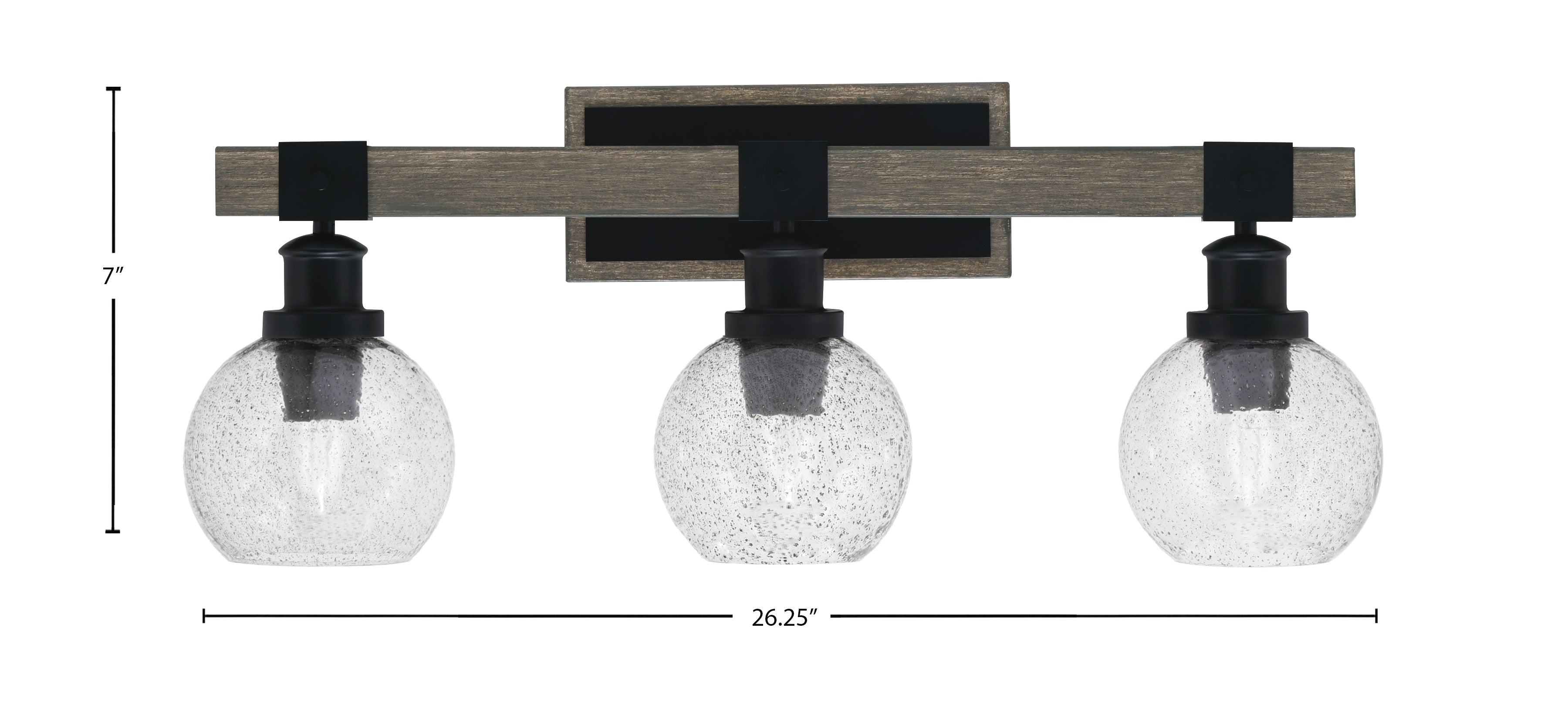 Tacoma Three Light Bath Bar in Matte Black & Painted Distressed Wood-look Metal with 5.75" Smoke Bubble Shade
