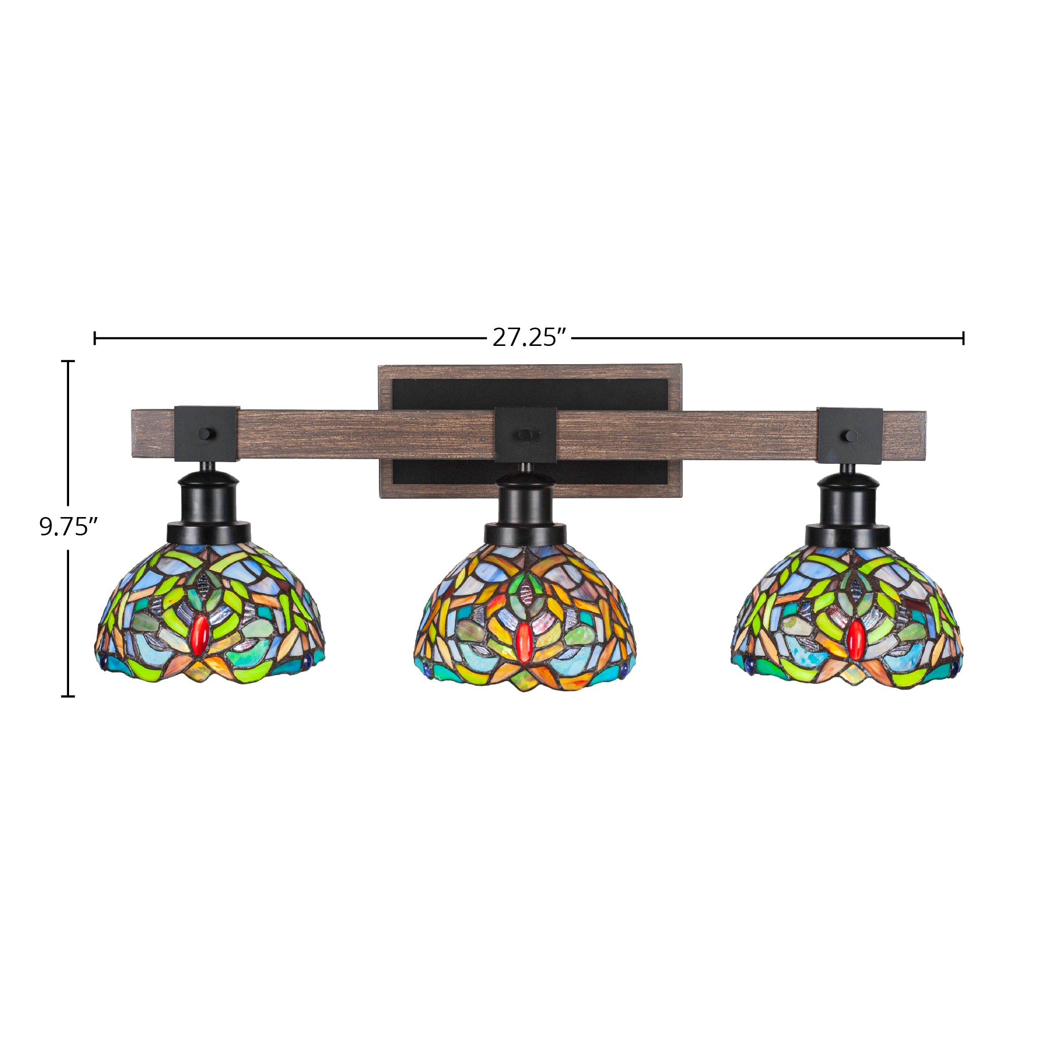 Tacoma Three Light Bath Bar in Matte Black & Painted Distressed Wood-look Metal with 7'' Kaleidoscope Art Glass Shade