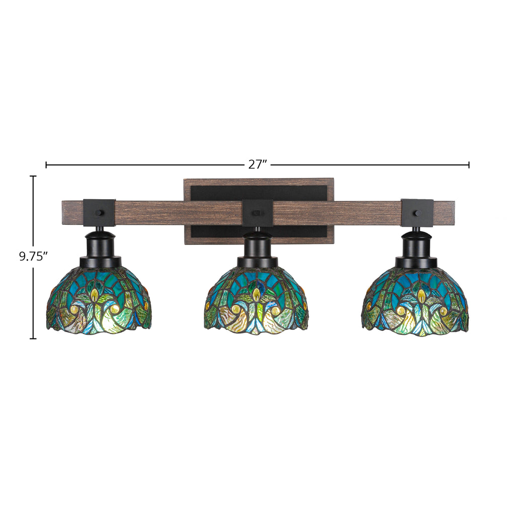 Tacoma Three Light Bath Bar in Matte Black & Painted Distressed Wood-look Metal with 7" Turquoise Cypress Art Glass Shade