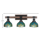 Tacoma Three Light Bath Bar in Matte Black & Painted Distressed Wood-look Metal with 7" Turquoise Cypress Art Glass Shade