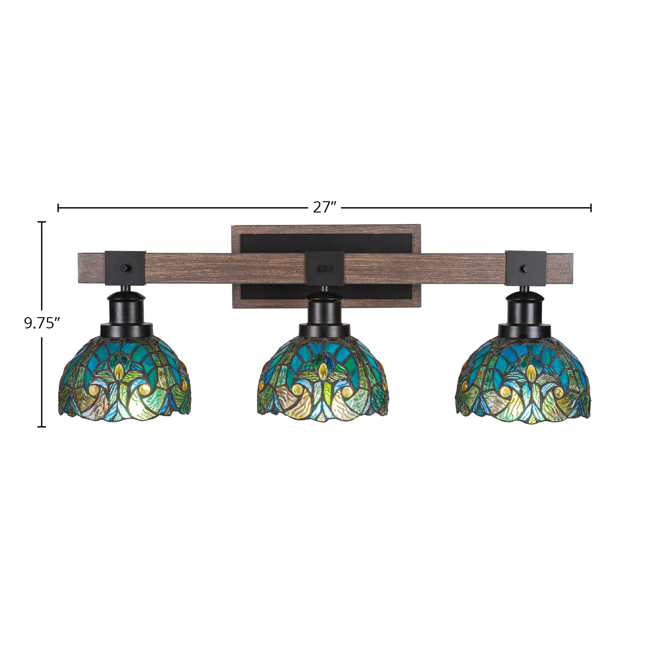 Tacoma Three Light Bath Bar in Matte Black & Painted Distressed Wood-look Metal with 7" Turquoise Cypress Art Glass Shade