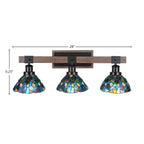 Tacoma Three Light Bath Bar in Matte Black & Painted Distressed Wood-look Metal with 7" Blue Mosaic Art Glass Shade