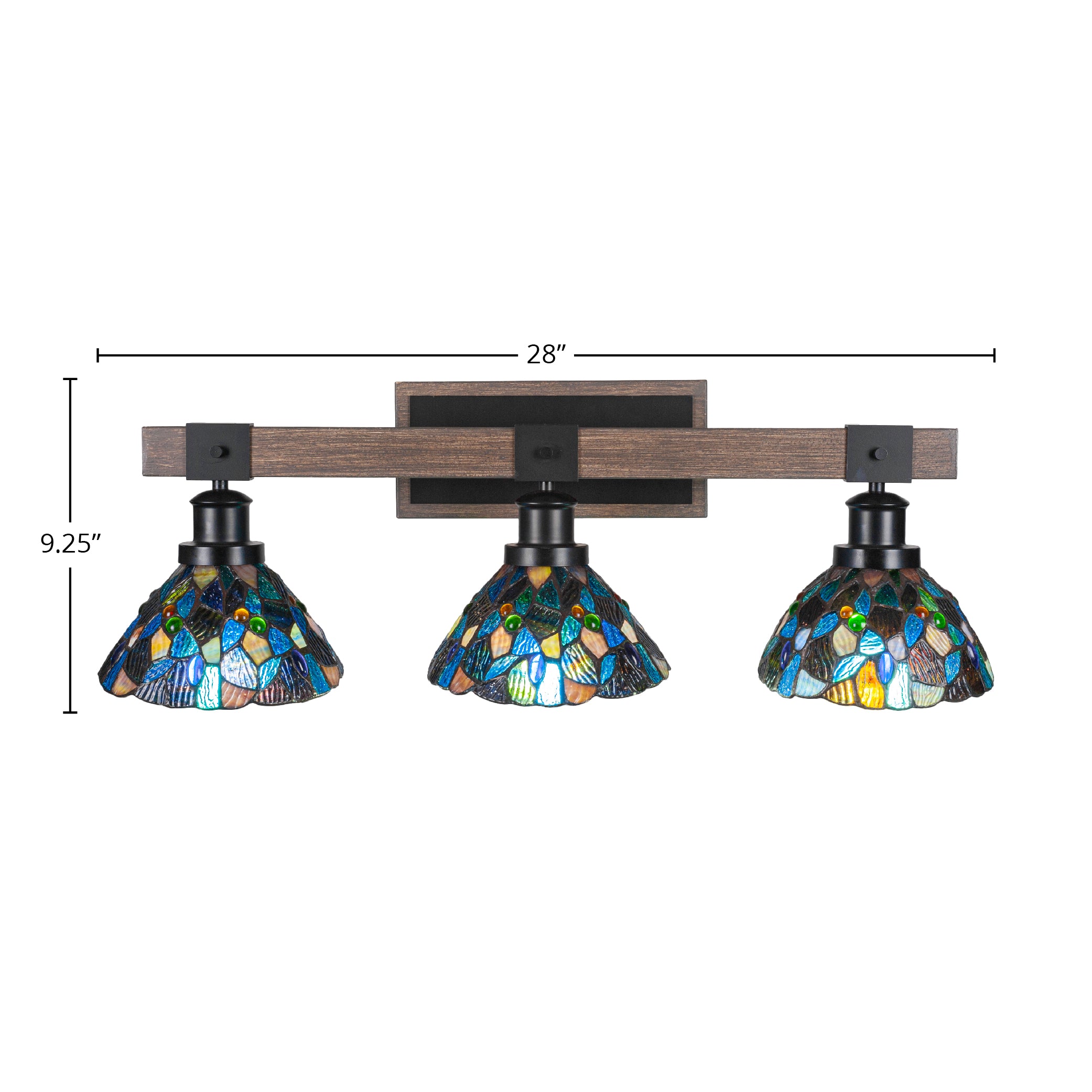 Tacoma Three Light Bath Bar in Matte Black & Painted Distressed Wood-look Metal with 7" Blue Mosaic Art Glass Shade