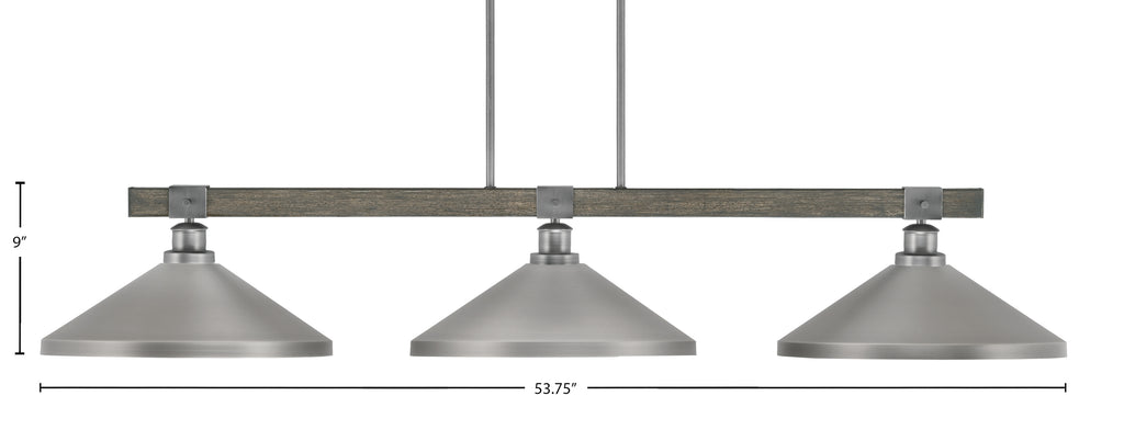 Tacoma Three Light Bar in Graphite & Painted Distressed Wood-look Metal with 14" Graphite Cone Metal Shade Shade