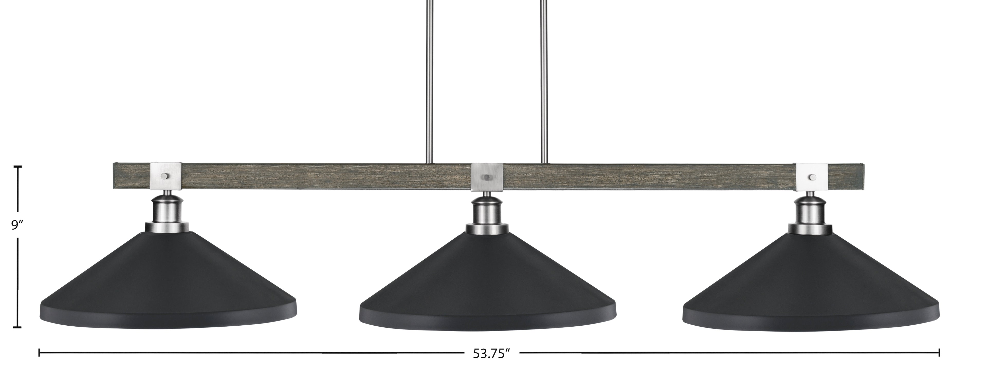 Tacoma Three Light Bar in Graphite & Painted Distressed Wood-look Metal with 14" Matte Black Cone Metal Shade Shade